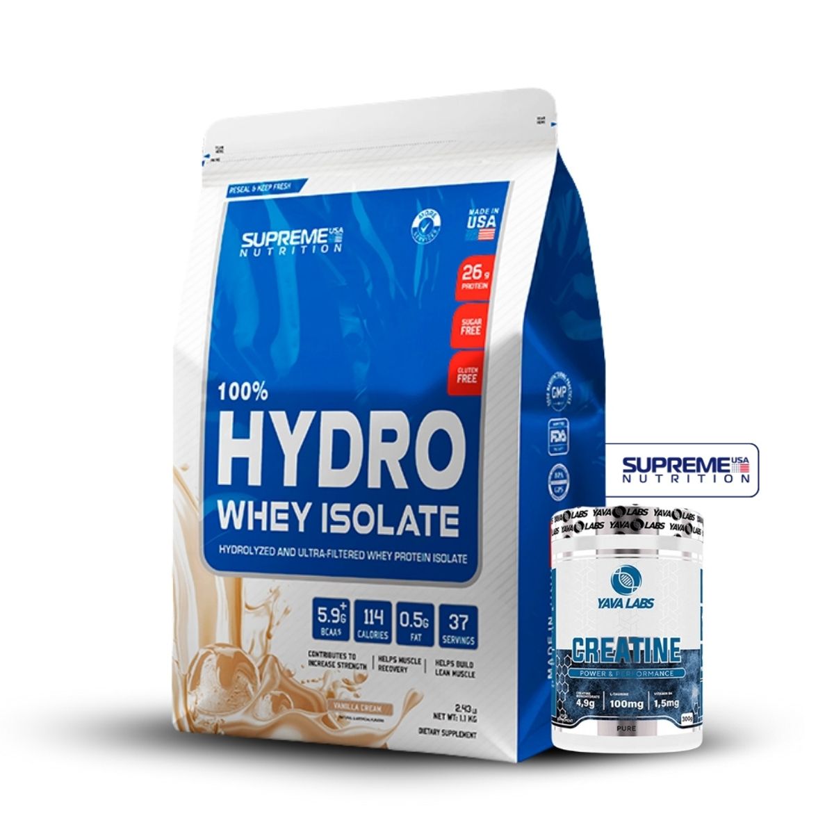 SUPREME NUTRITION - 100% Hydro Whey Isolate Vainilla 2.4 lb+Creatina Yava Labs 300Gr