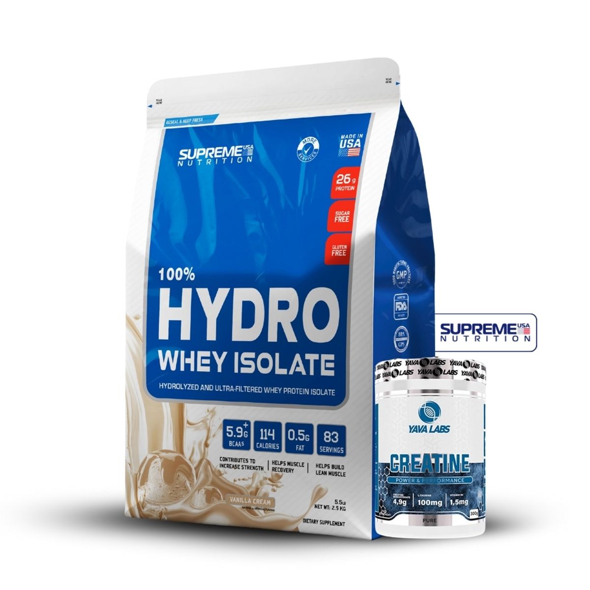 SUPREME NUTRITION - 100% Hydro Whey Isolate Vainilla 5.5 lb+Creatina Yava Labs 300Gr