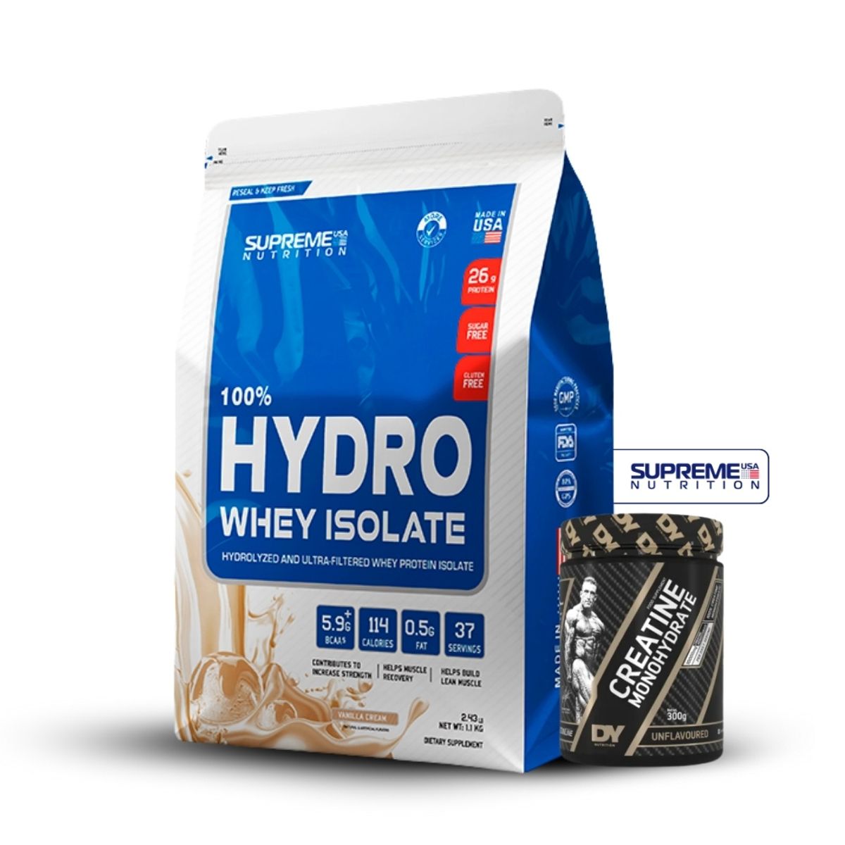 SUPREME NUTRITION - 100% Hydro Whey Isolate Vainilla 2.4 lb+Creatina Dorian Yates 300Gr