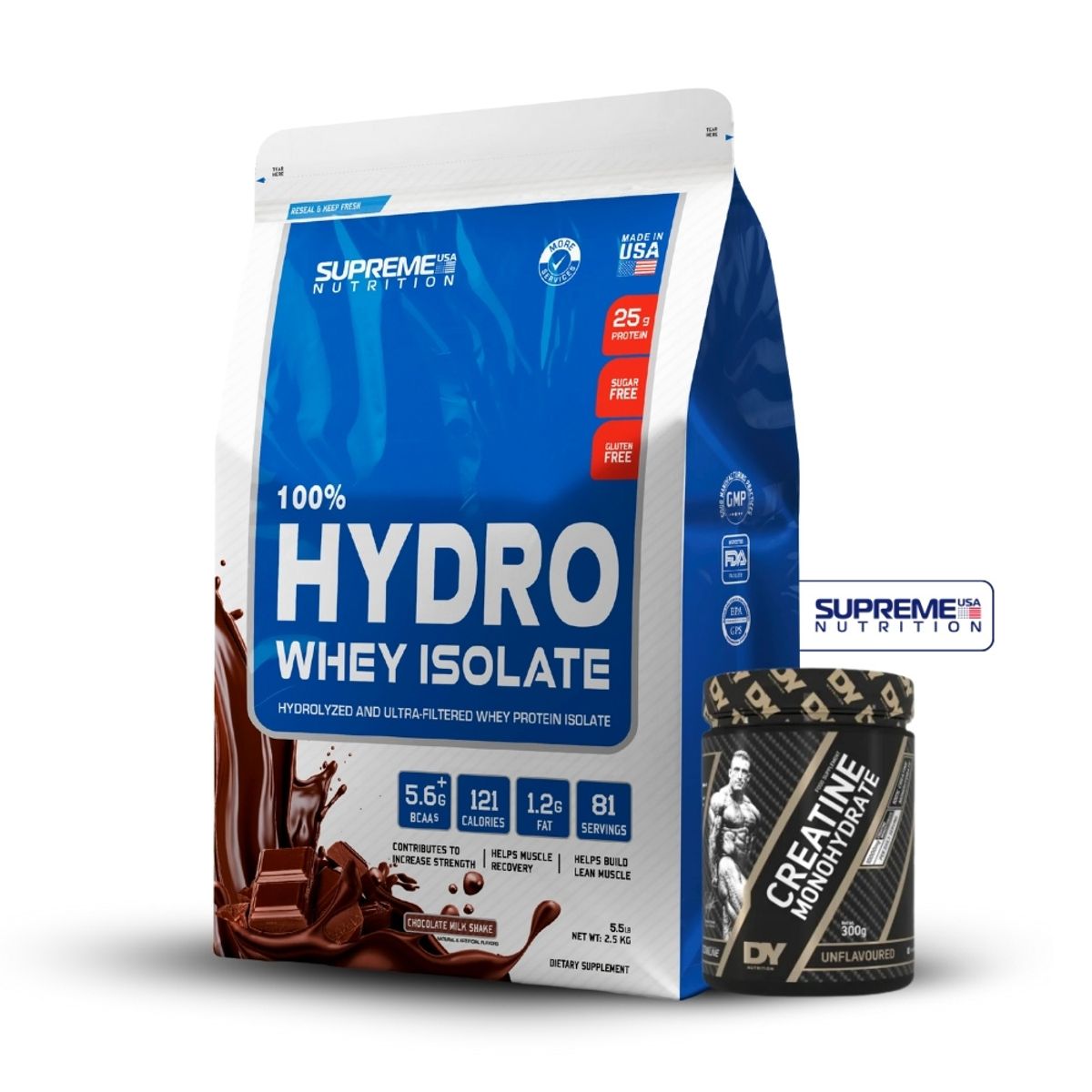 SUPREME NUTRITION - 100% Hydro Whey Isolate Chocolate 5.5 lb+Creatina Dorian Yates 300Gr