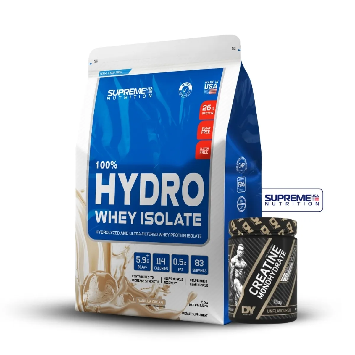 SUPREME NUTRITION - 100% Hydro Whey Isolate Vainilla 5.5 lb+Creatina Dorian Yates 300Gr