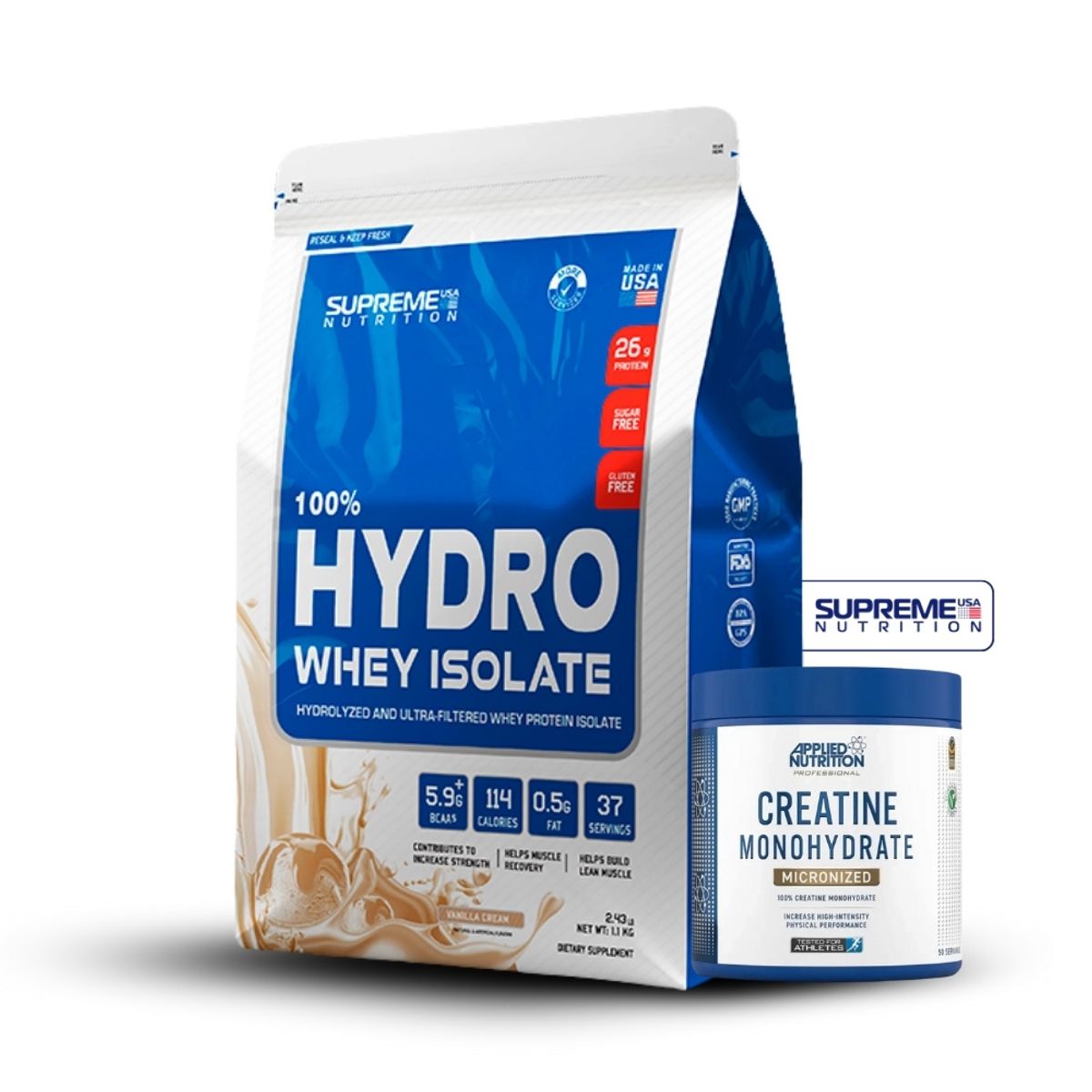 SUPREME NUTRITION - 100% Hydro Whey Isolate Vainilla 2.4 lb+Creatina Applied Nutrition 250Gr