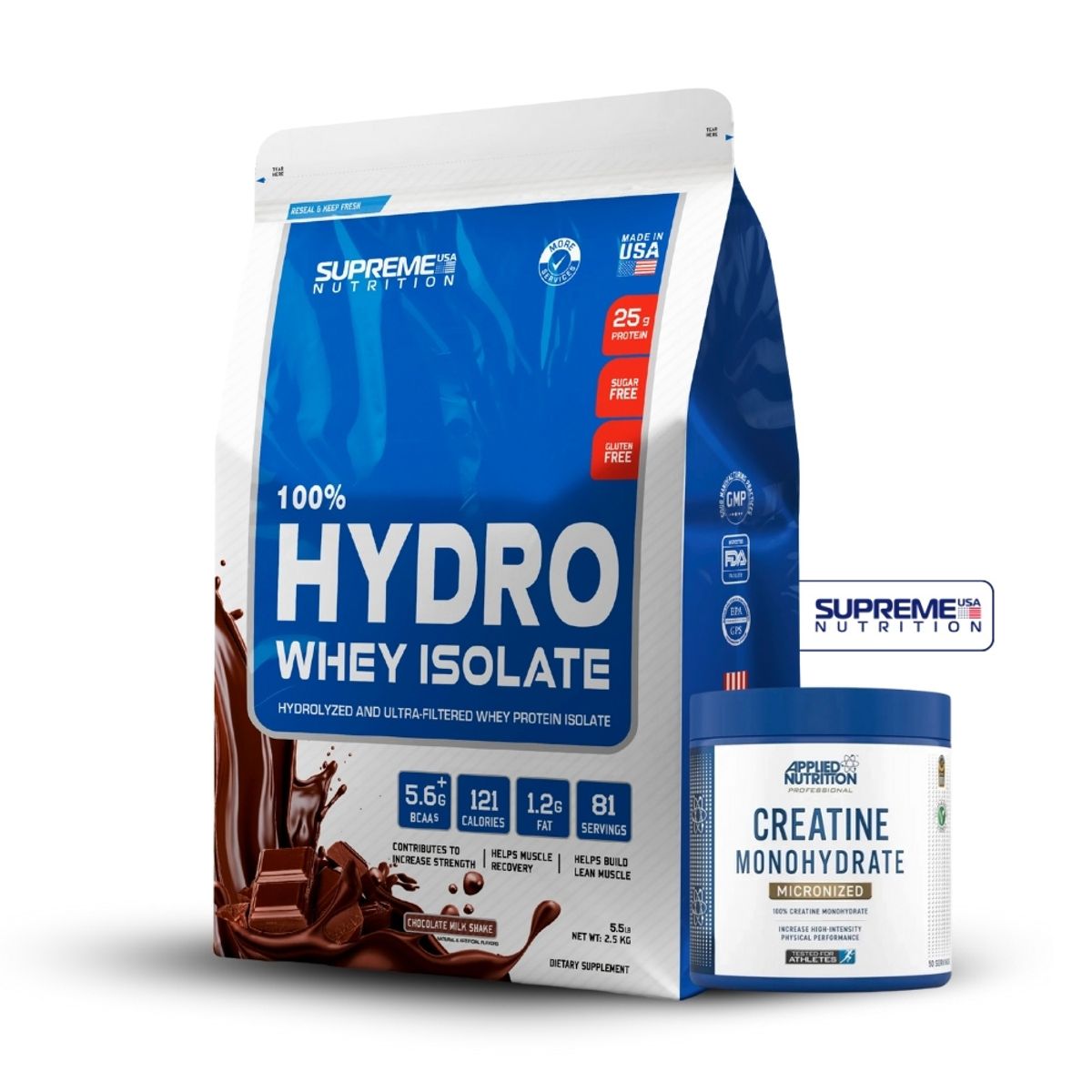 SUPREME NUTRITION - 100% Hydro Whey Isolate Chocolate 5.5 lb+Creatina Applied Nutrition 250Gr