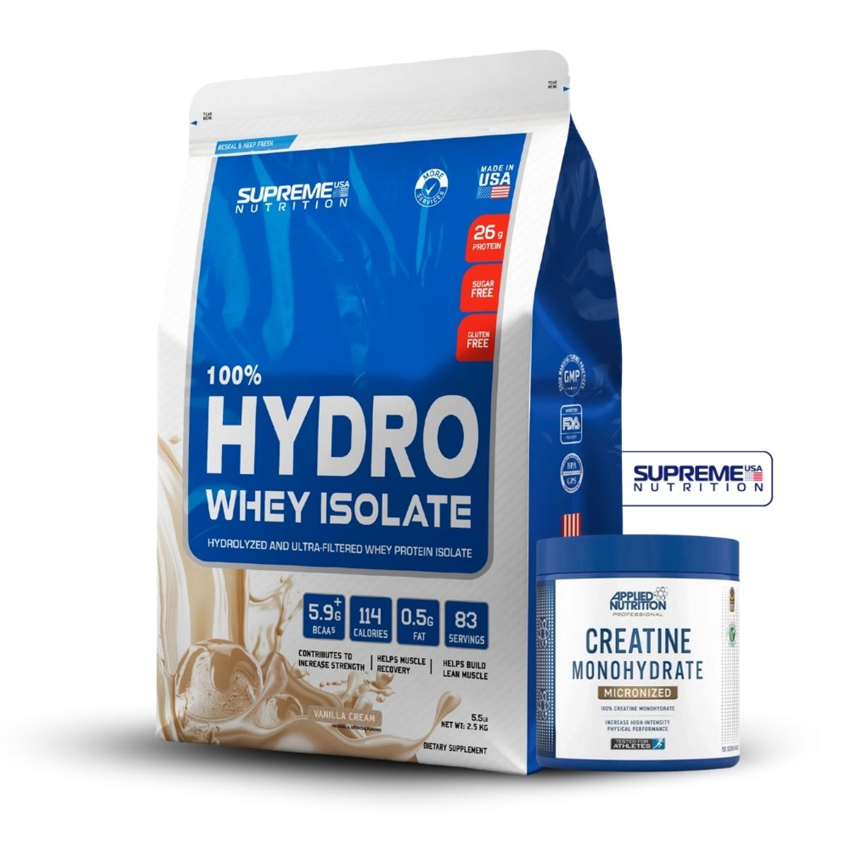 SUPREME NUTRITION - 100% Hydro Whey Isolate Vainilla 5.5 lb+Creatina Applied Nutrition 250Gr