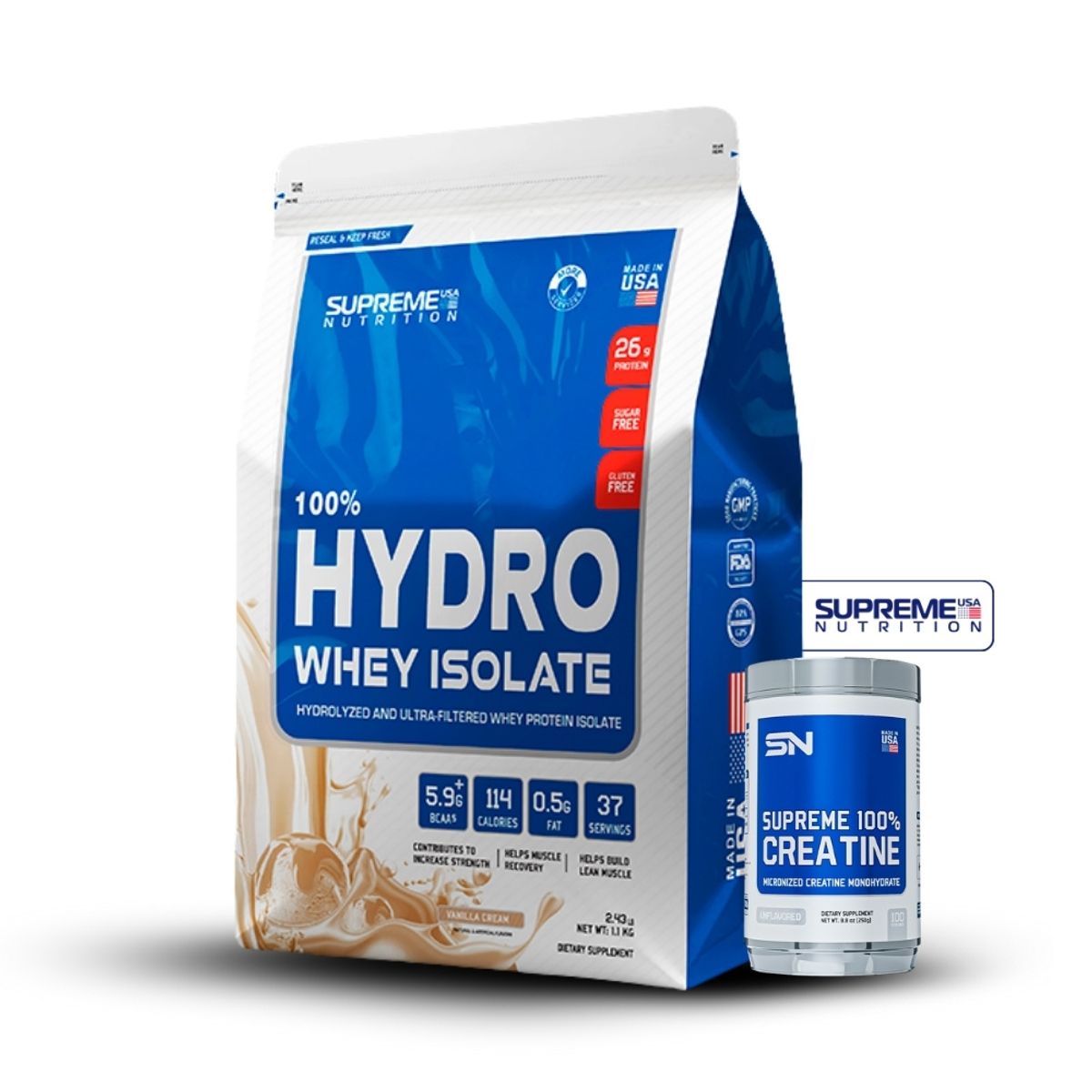 SUPREME NUTRITION - 100% Hydro Whey Isolate Vainilla 2.4 lb+Creatina Supreme Nutrition 250Gr