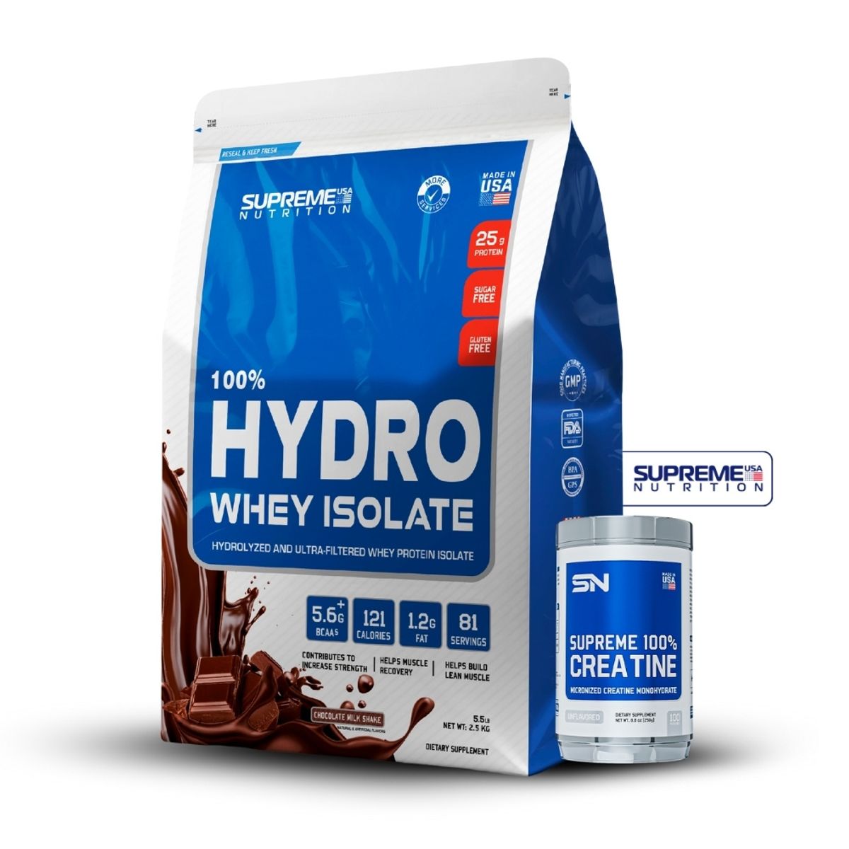 SUPREME NUTRITION - 100% Hydro Whey Isolate Chocolate 5.5 lb+Creatina Supreme Nutrition 250Gr
