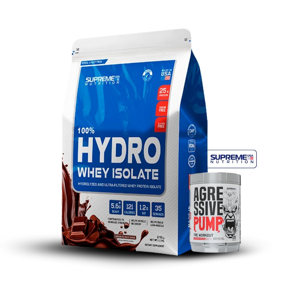 SUPREME NUTRITION - 100% Hydro Whey Isolate Chocolate 2.4 lb+Agressive Pump 350Gr