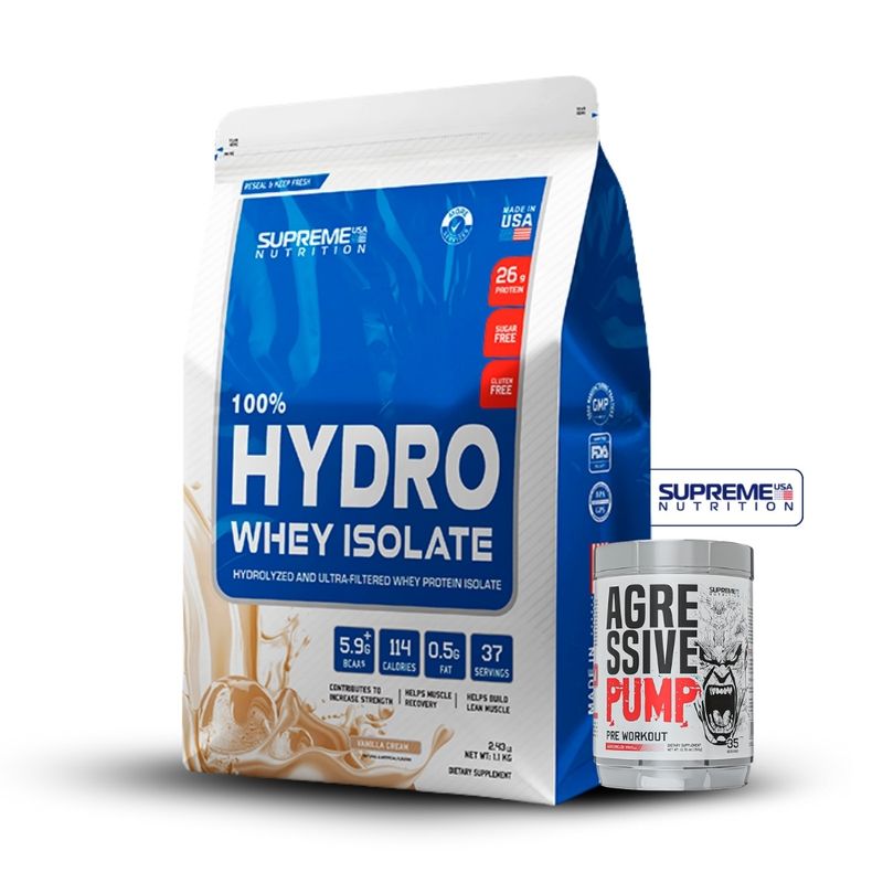 SUPREME NUTRITION - 100% Hydro Whey Isolate Vainilla 2.4 lb+Agressive Pump 350Gr