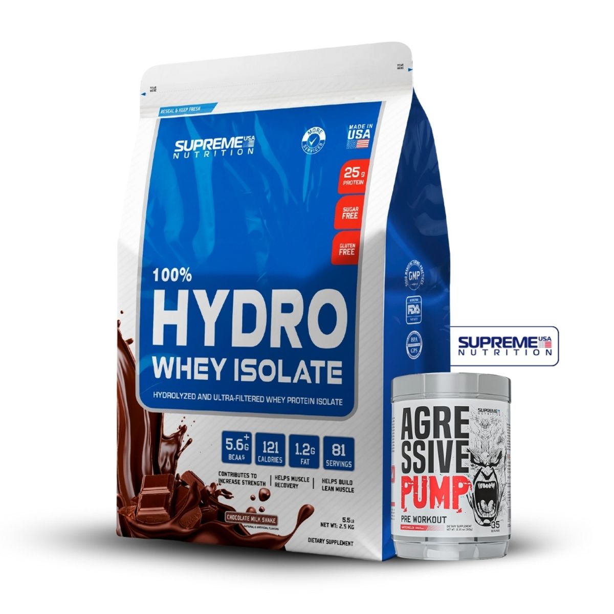 SUPREME NUTRITION - 100% Hydro Whey Isolate Chocolate 5.5 lb+Agressive Pump 350Gr