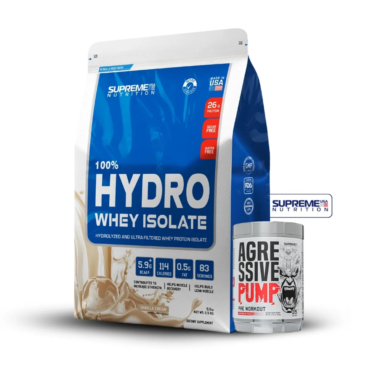 SUPREME NUTRITION - 100% Hydro Whey Isolate Vainilla 5.5 lb+Agressive Pump 350Gr