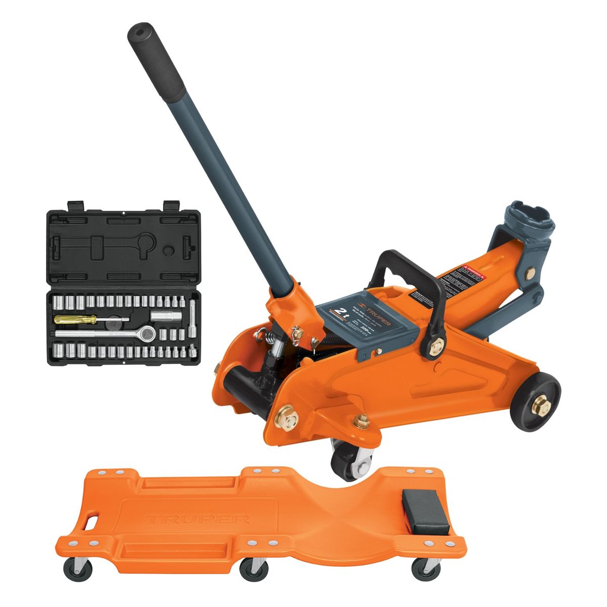 TRUPER - Gata tipo Lagarto 2t +Cama de Plástico 40"+ Juego de 39 herramientas Truper