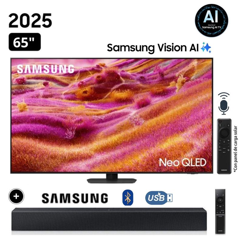 SAMSUNG - Televisor Samsung Neo QLED 65 Visión AI Smart TV 4K QN65QN90FAGXPE + Soundbar HW C400