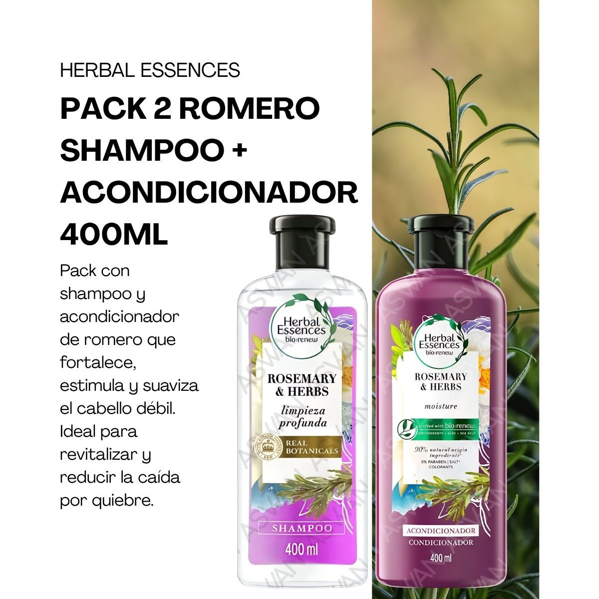 GENERICO - PACK 2 ROMERO SHAMPOO + ACONDICIONADOR 400ML - HERBAL ESSENCES