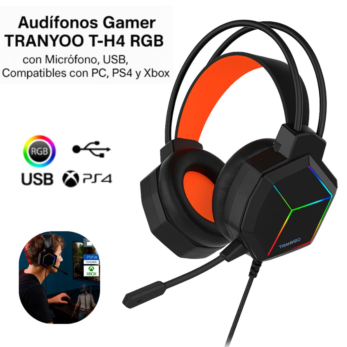 TRANYOO - Audifono Gaming RGB Con Microfono Para PC PS4 XBOX Tranyoo T-H4