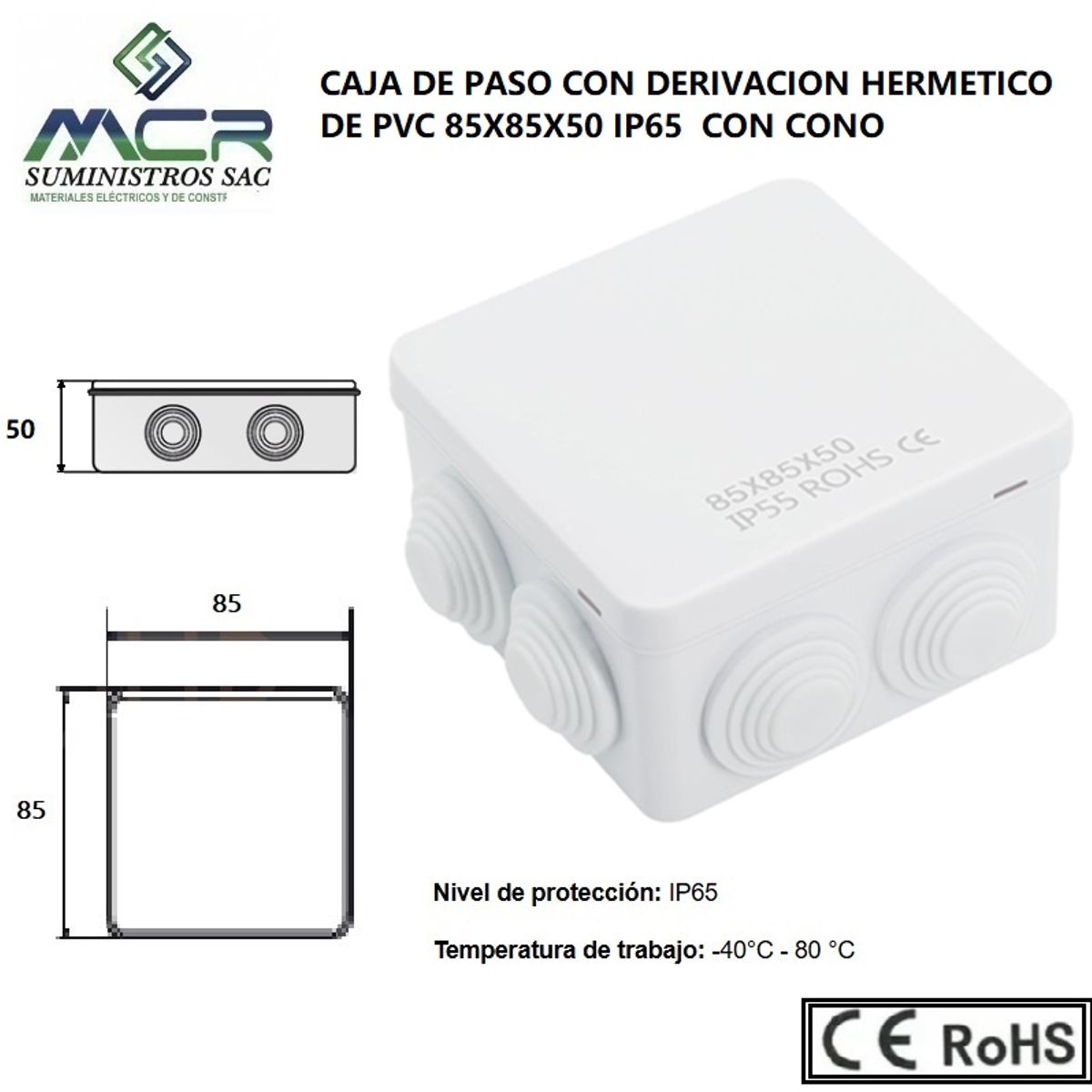 GENERICO - CAJA DE PASO O DERIVACION HERMETICO DE PVC 85X85X50 CON CONO