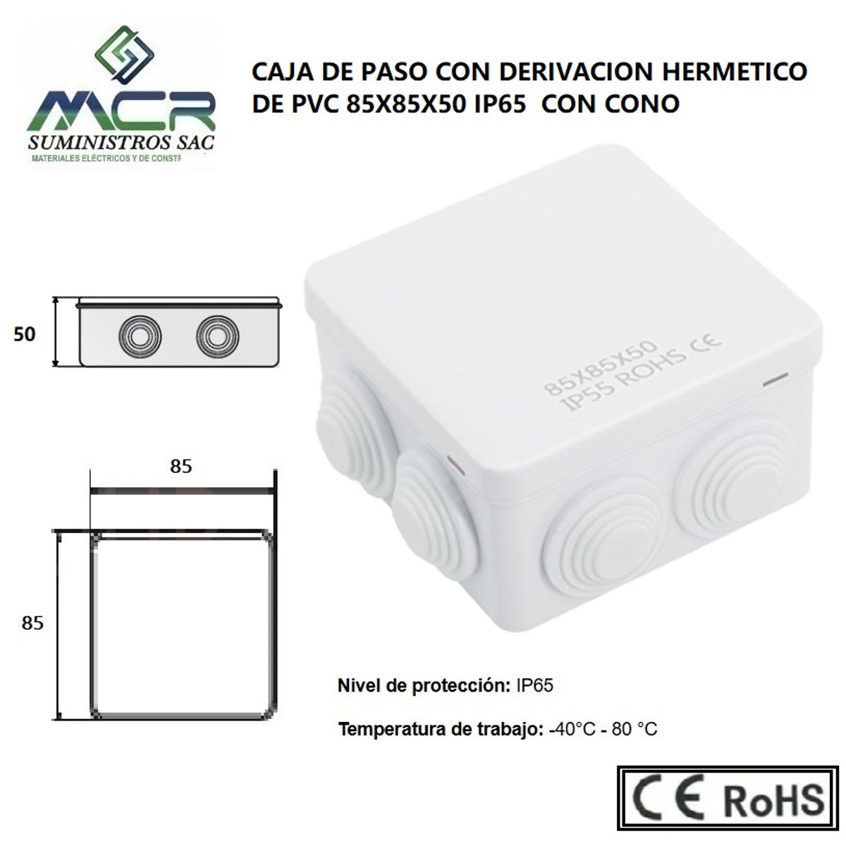 GENERICO - CAJA DE PASO O DERIVACION HERMETICO DE PVC 85X85X50 CON CONO