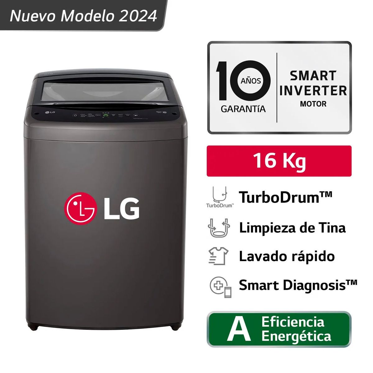 LG - Lavadora LG 16 Kg TurboDrum Carga Superior WT16BVTB Negro