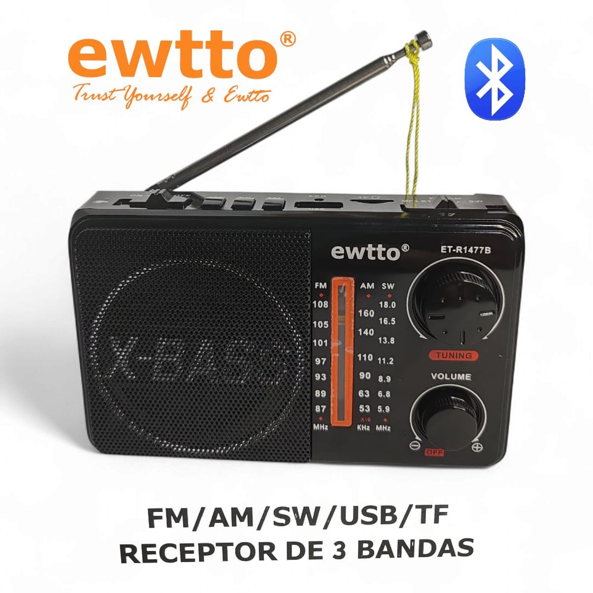EWTTO - Radio Portátil Recargable Ewtto ET-R1477B  FM/AM/SW Bluetooth, USB