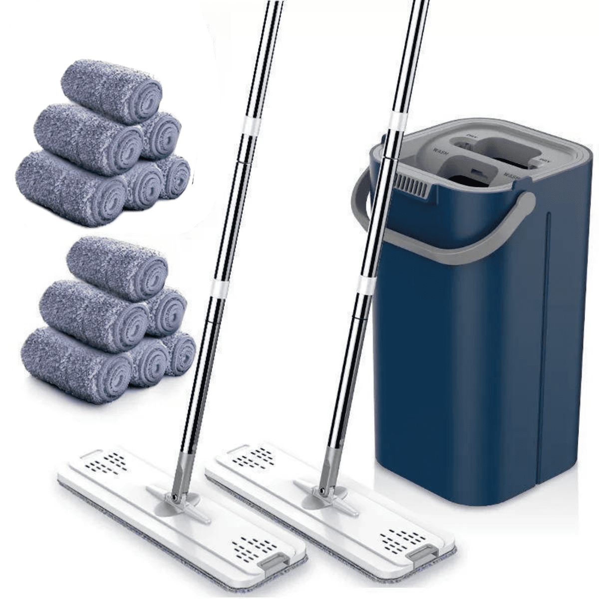 GENERICO - JUEGO DE DOS TRAPEADORES Y BALDE QUE EXPRIME Y SECA - AZUL