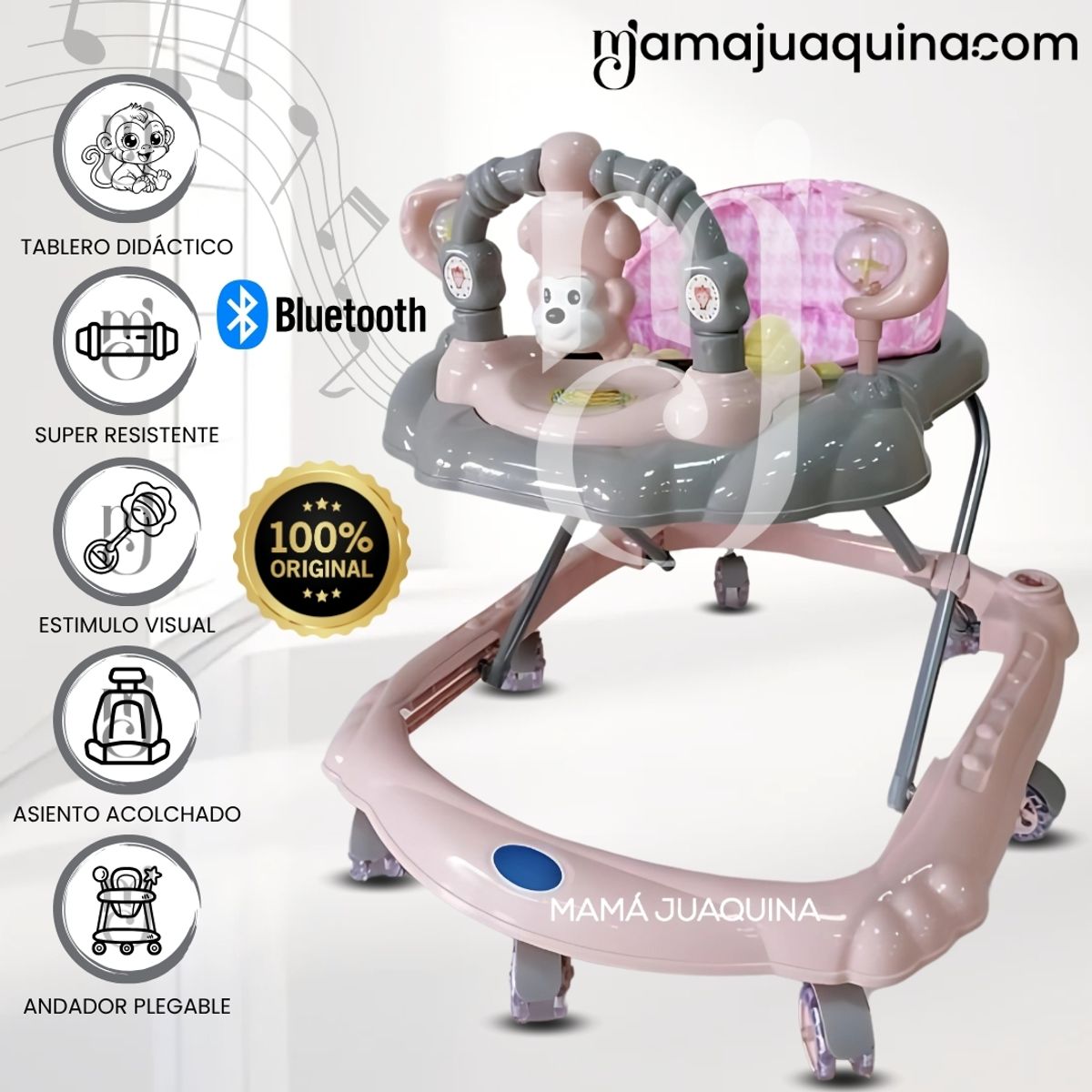 BABY - Andador Musical Plegable «CUTE MONKEY» Bluetooth Light Pink