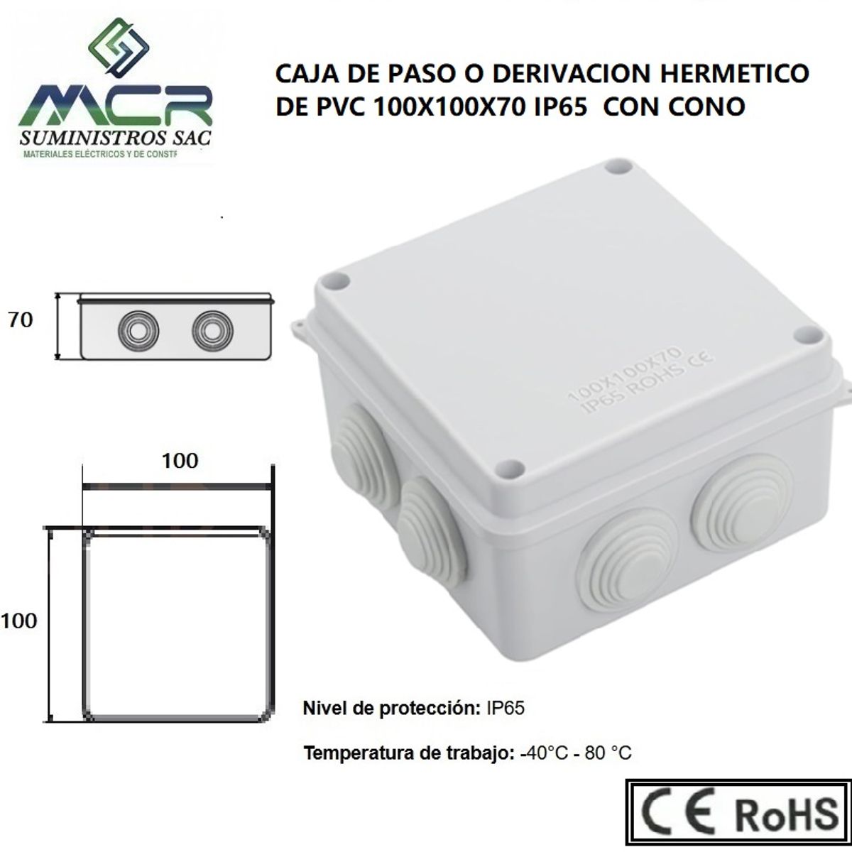 GENERICO - CAJA DE PASO O DERIVACION HERMETICO DE PVC 100X100X70 CON CONO