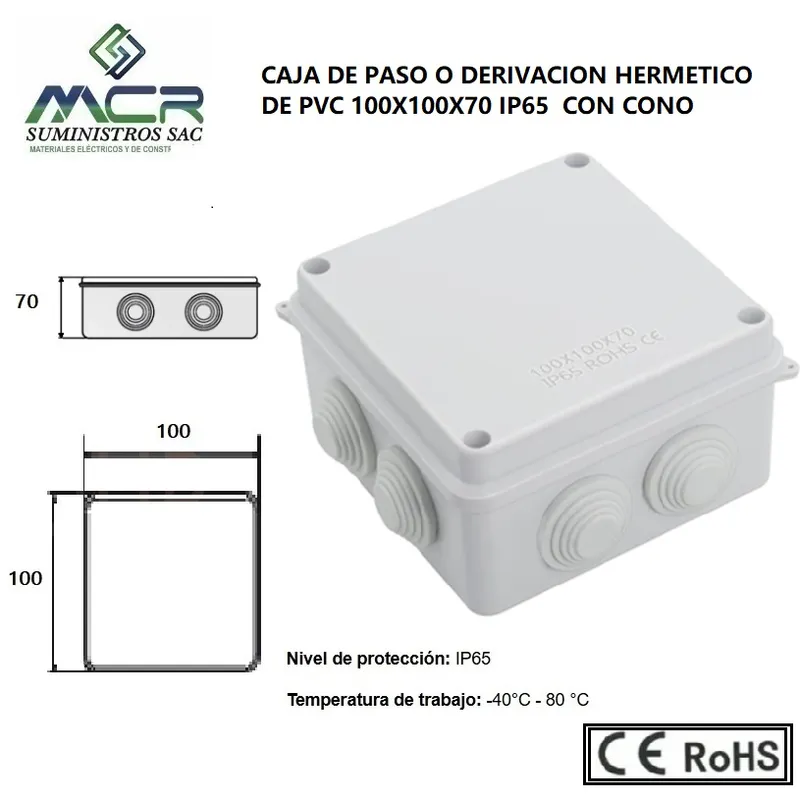 GENERICO - CAJA DE PASO O DERIVACION HERMETICO DE PVC 100X100X70 CON CONO