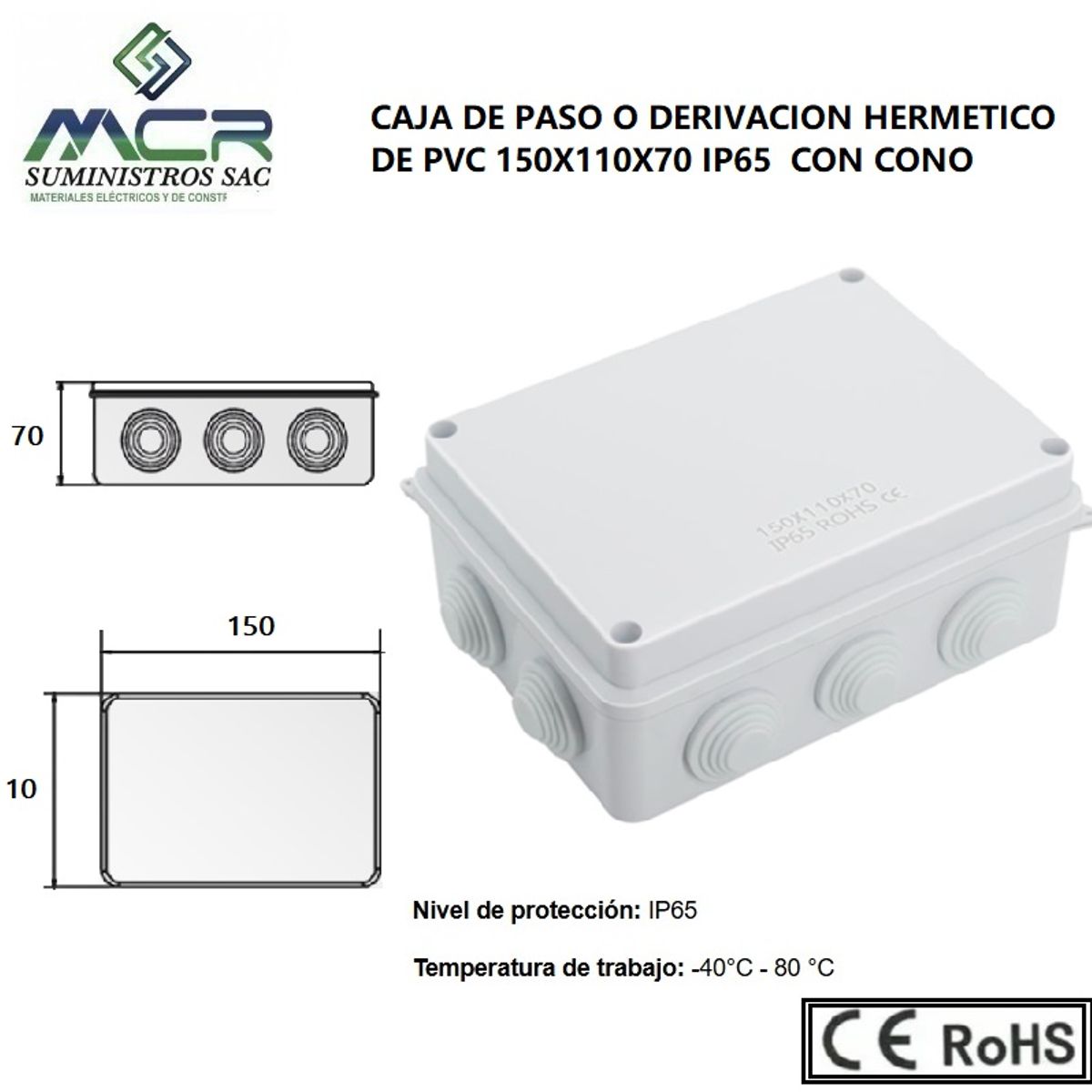 GENERICO - CAJA DE PASO O DERIVACION HERMETICO DE PVC 150X110X70 CON CONO
