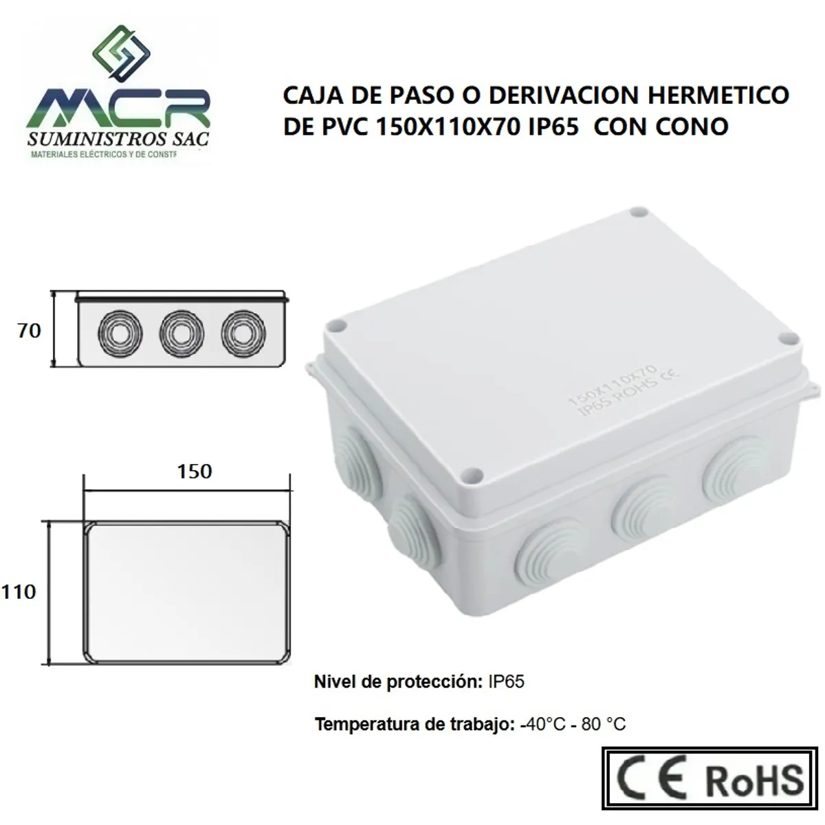 GENERICO - CAJA DE PASO O DERIVACION HERMETICO DE PVC 150X110X70 CON CONO