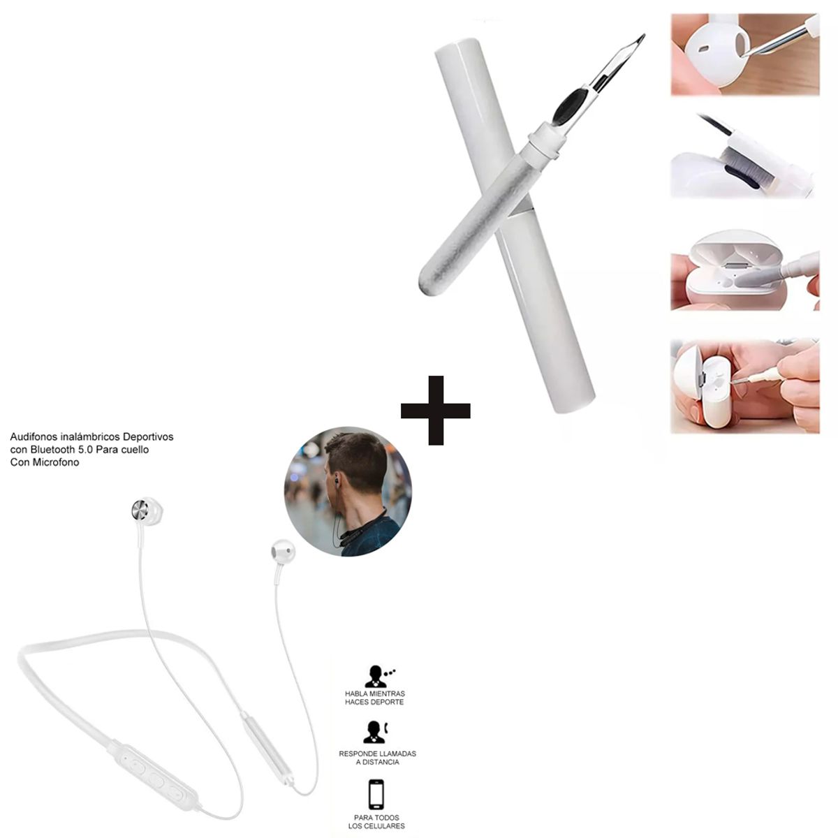 GENERICO - Combo Audífonos Bluetooth Blanco + Kit de Limpieza de Auriculares Celular Teclado Mouse