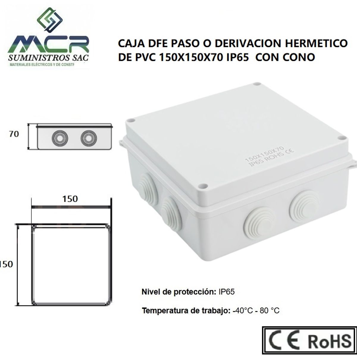 GENERICO - CAJA DE PASO O DERIVACION HERMETICO DE PVC 150X150X70 CON CONO