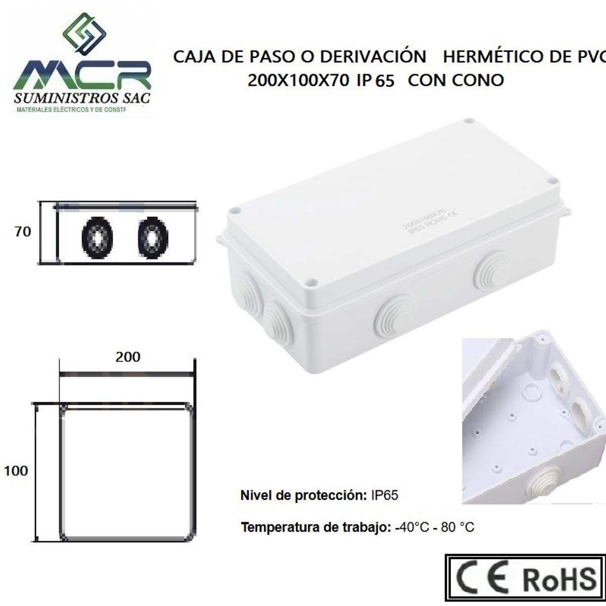 GENERICO - CAJA DE PASO O DERIVACION HERMETICO DE PVC 200X100X70 CON CONO