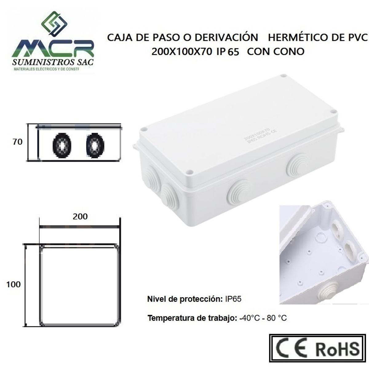 GENERICO - CAJA DE PASO O DERIVACION HERMETICO DE PVC 200X100X70 CON CONO