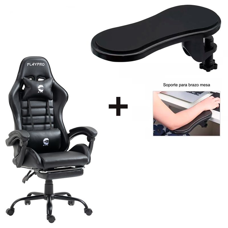 PLAYPRO - Combo Silla Playpro con Masajeador Negro + Soporte de Brazo Escritorio