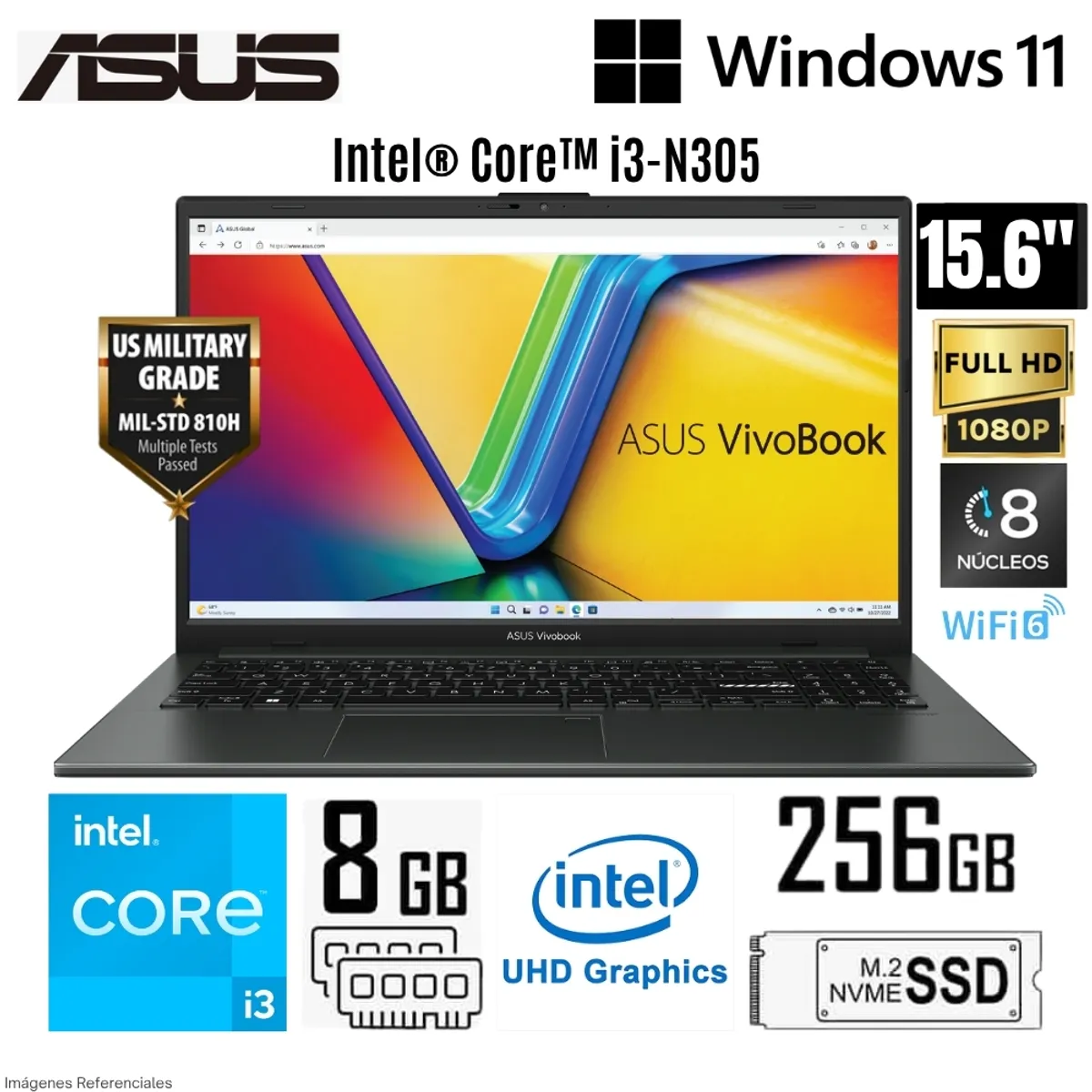 ASUS - Laptop Asus Vivobook Go 15 E1504GA-NJ191 Intel Core i3-N305 8GB RAM 256GB SSD 15.6"  FHD Mixed Black
