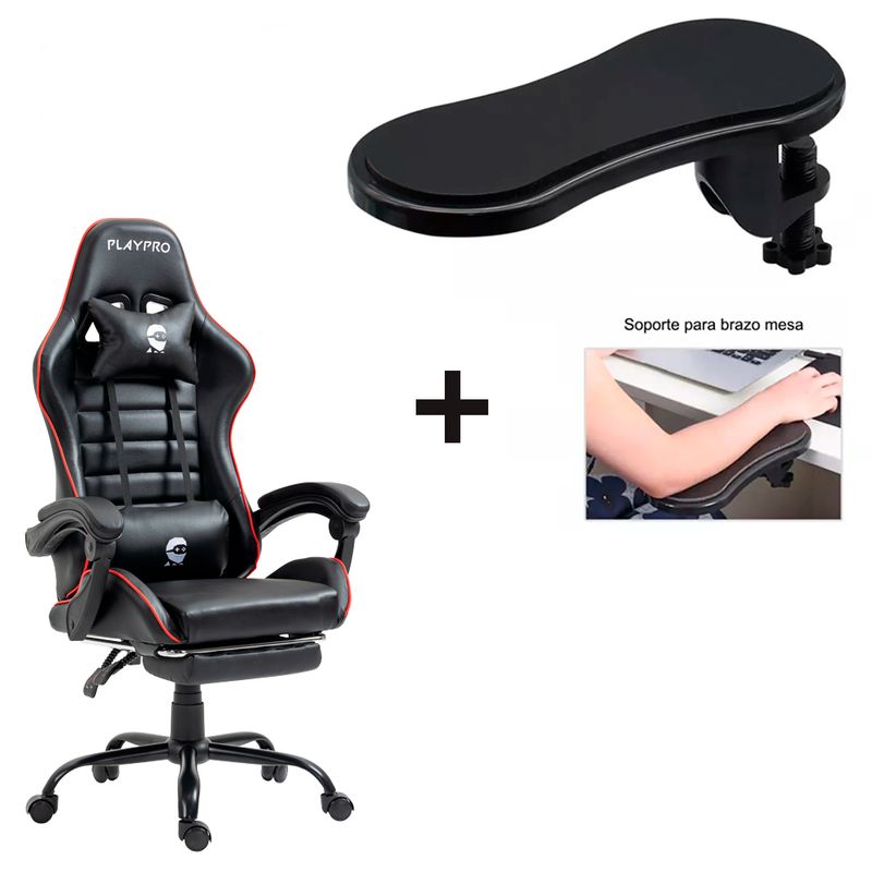 PLAYPRO - Combo Silla Playpro con Masajeador Rojo + Soporte de Brazo Escritorio
