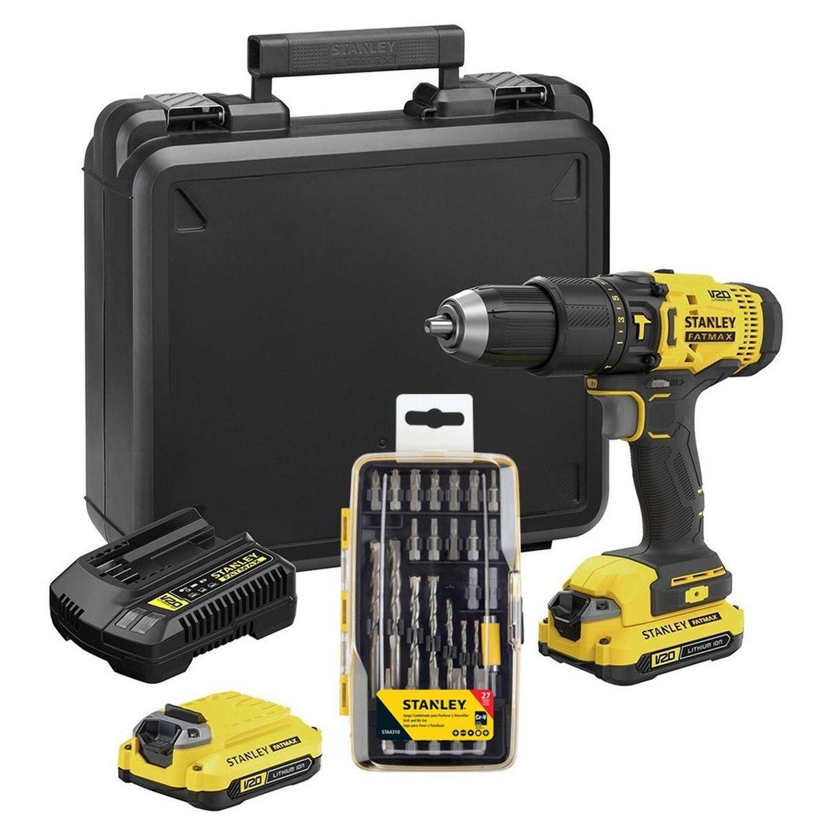 STANLEY - Taladro 1/2" 20V 2 Bat 1.5 Ah + Acc. 27 Piezas Stanley SCD711C2K-K3