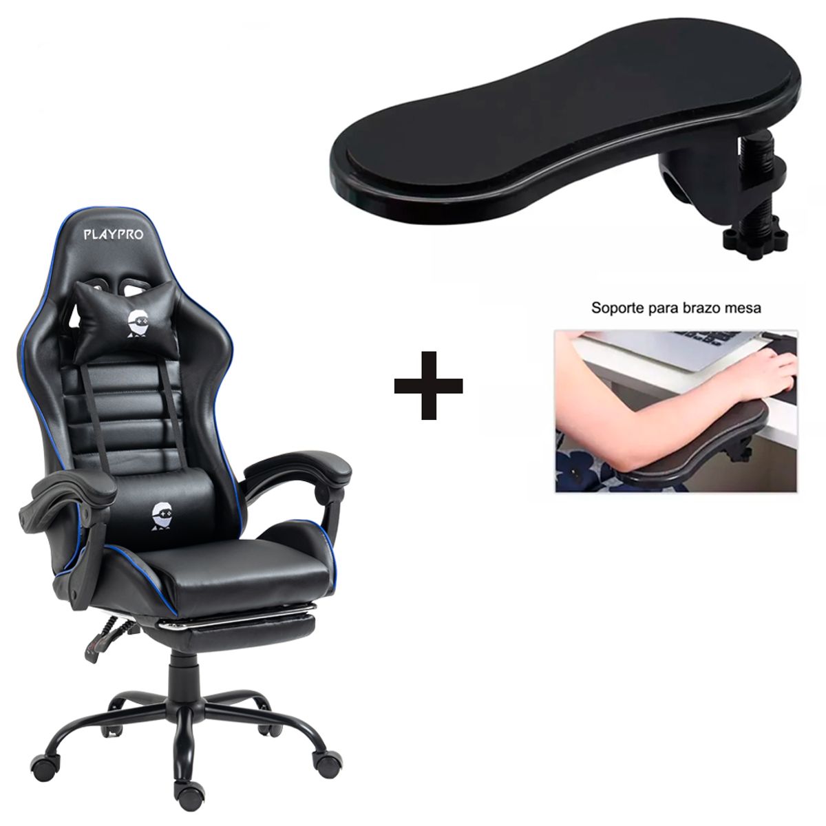 PLAYPRO - Combo Silla Playpro con masajeador Azul + Soporte de Brazo Escritorio