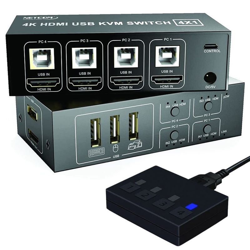 NETCOM - Conmutador Kvm HDMI SWITCH 4 X 1 4K 60Hz NETCOM 4 puertos USB