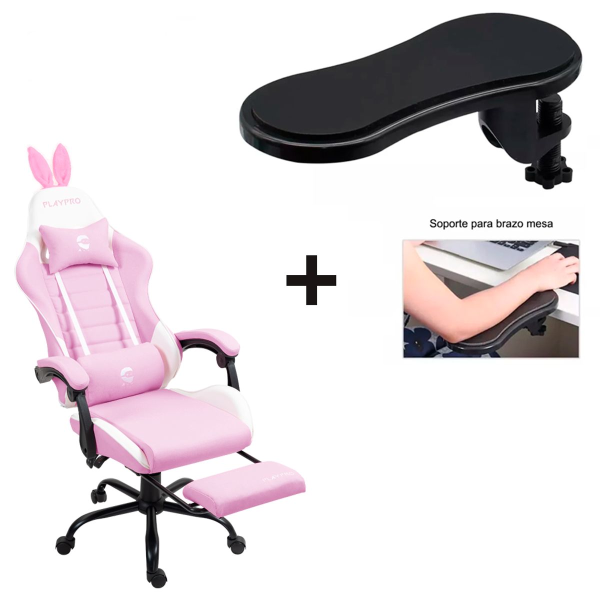 PLAYPRO - Combo Silla Playpro con masajeador Rosa + Soporte de Brazo Escritorio