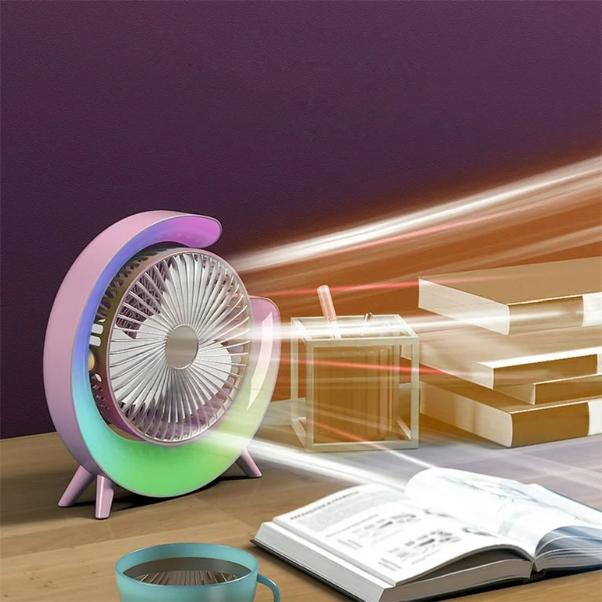 ELMEJORPRECIO - Ventilador Portátil De Escritorio Con Luces Led Recargable Rosa