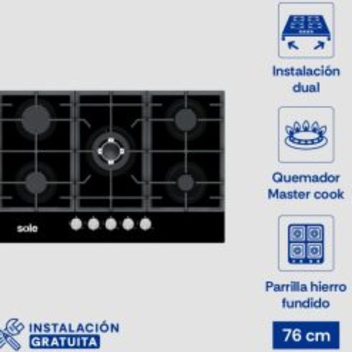 SOLE - Encimera Indurama 5 quemadores a gas EGASI 905CGNE Negro