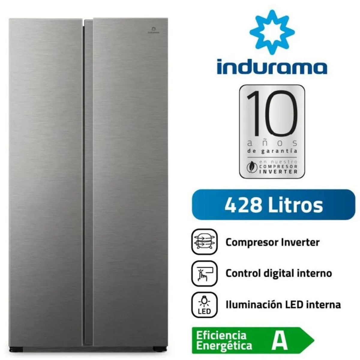 INDURAMA - REFRIGERADORA INDURAMA RI-769 SIDE BY SIDE NO FROST 428 LITROS CROMA