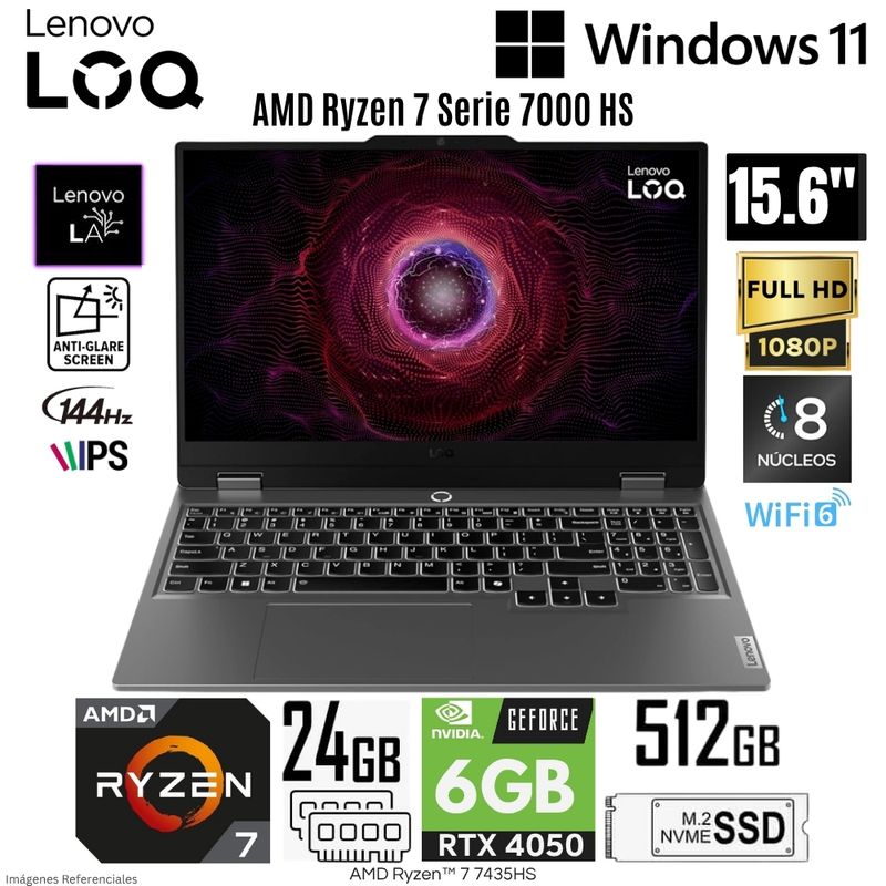 LENOVO - Laptop Gamer Lenovo LOQ AMD Ryzen 7 7435HS 24GB RAM 512GB SSD 15.6" FHD RTX4050-6GB - 83JC008GLM