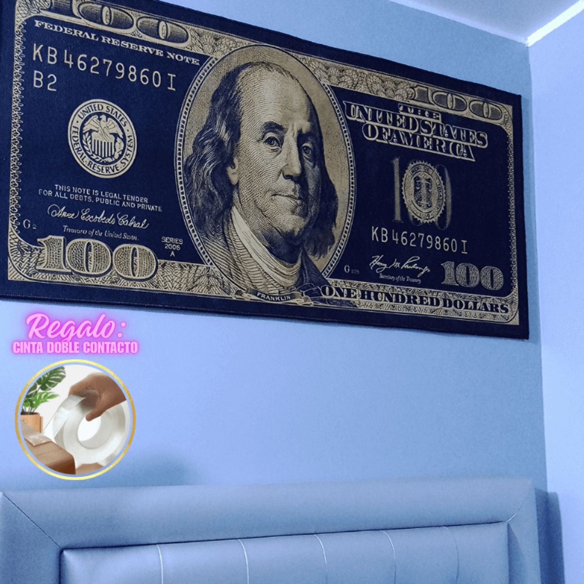 GENERICO - Alfombra Diseño 100 Dólares 120cm x 60cm + Regalo Cinta Doble Contacto