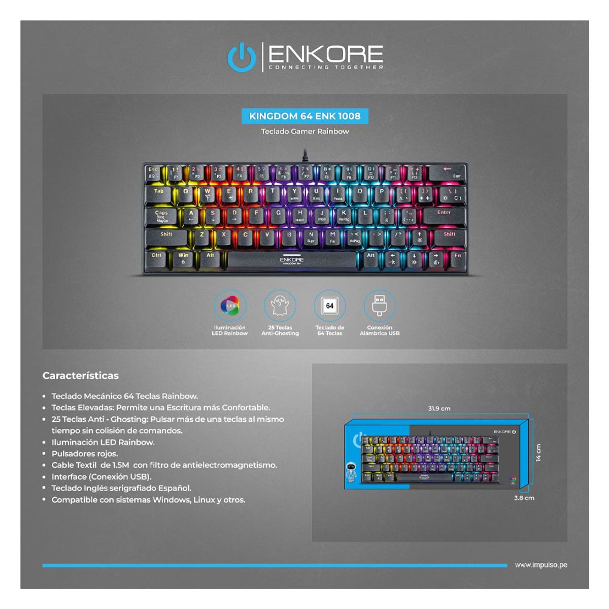 ENKORE - KINGDOM 64 ENK1008 RAINBOW TECLADO GAMER MECANICO USB ENKORE