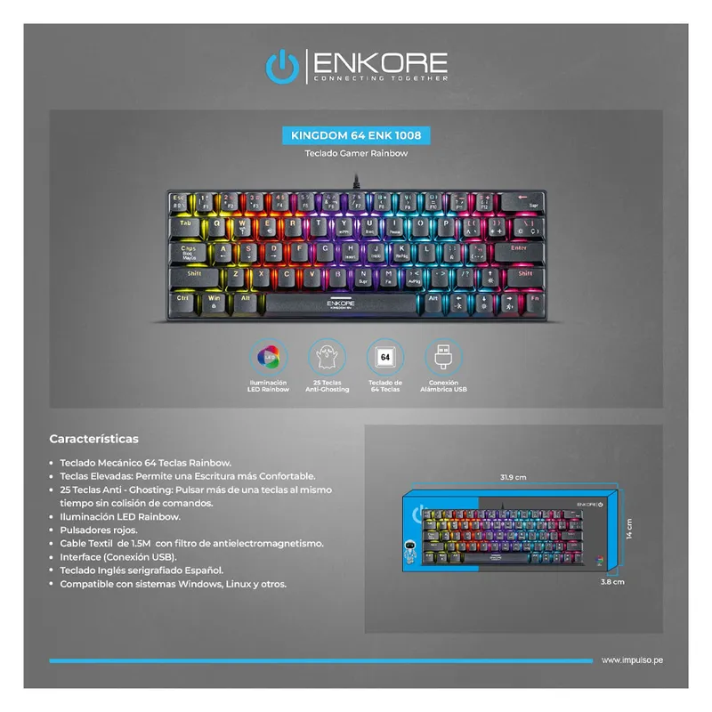 ENKORE - KINGDOM 64 ENK1008 RAINBOW TECLADO GAMER MECANICO USB ENKORE