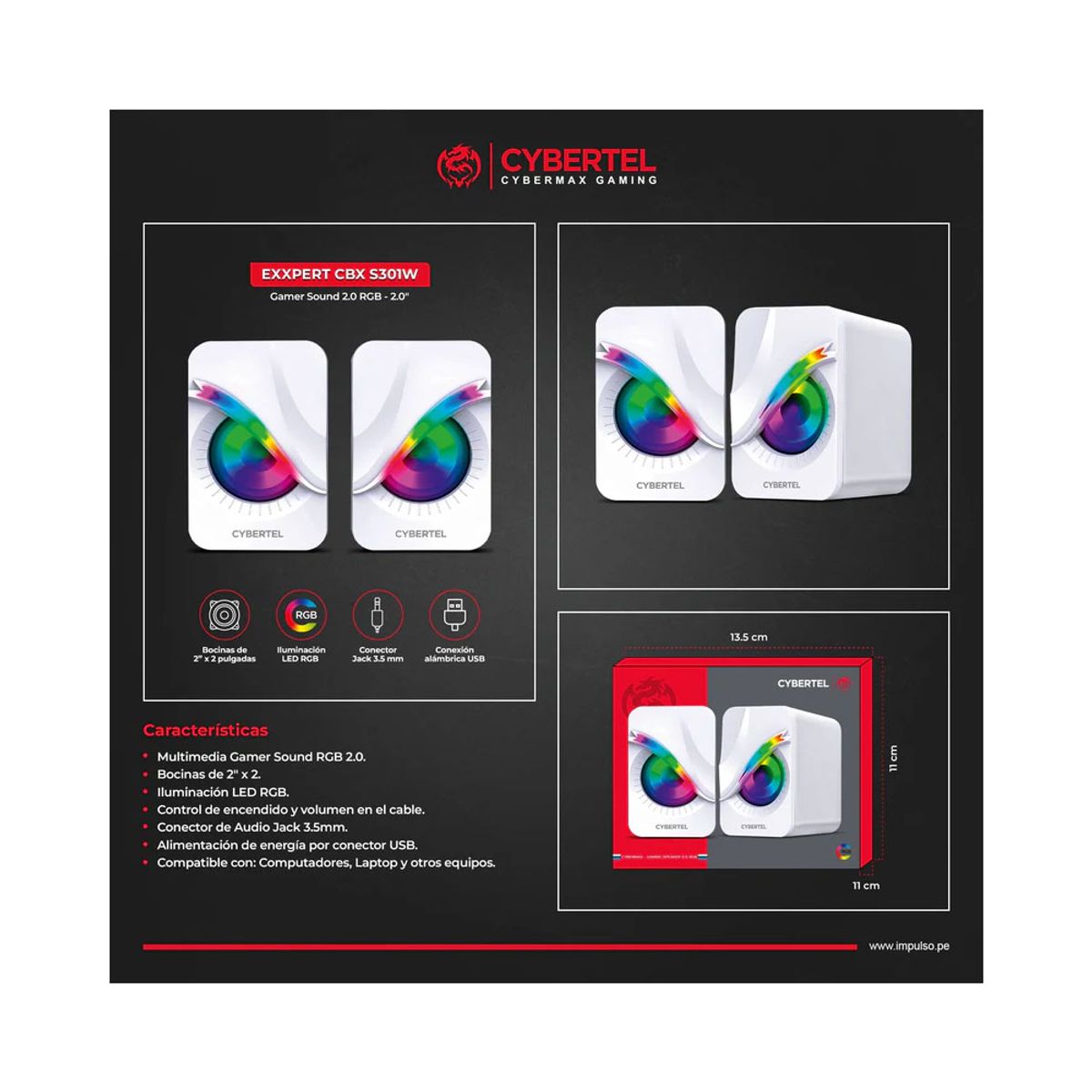 CYBERTEL - Parlante EXXPERT WHITE CBX S301W 2.0 RGB 2" CYBERTEL