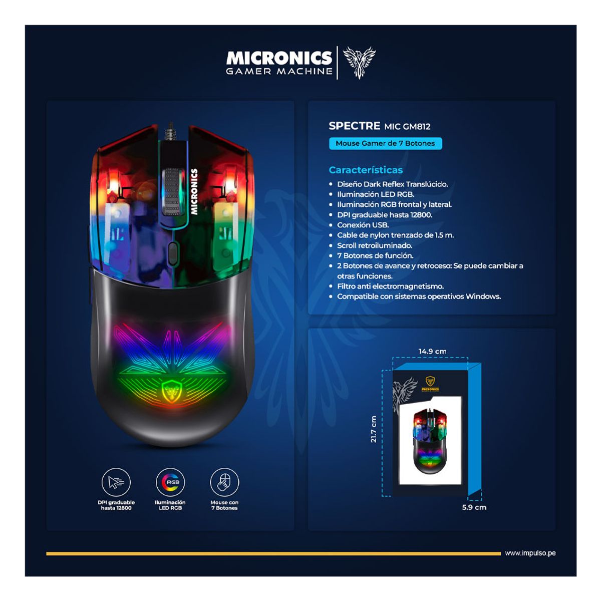 MICRONICS - Mouse Gamer SPECTRE MIC GM812 USB RGB 7B 12800DPI MICRONICS