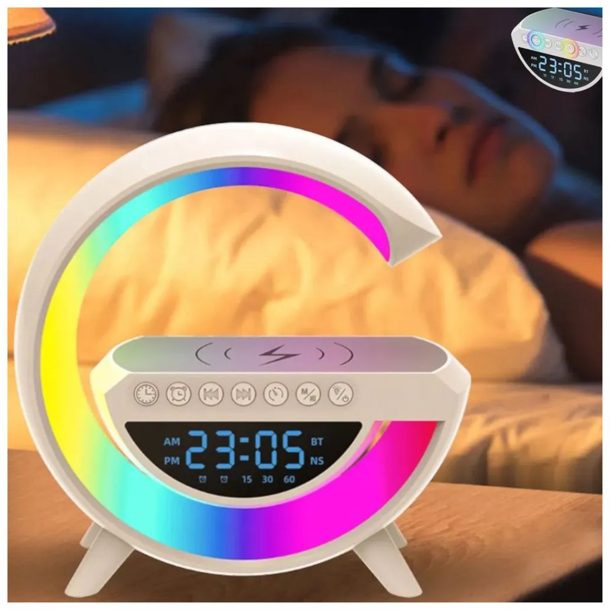 GENERICO - Lampara G Smart 6 en 1 Luz RGB Parlante Reloj Cargador Inalámbrico