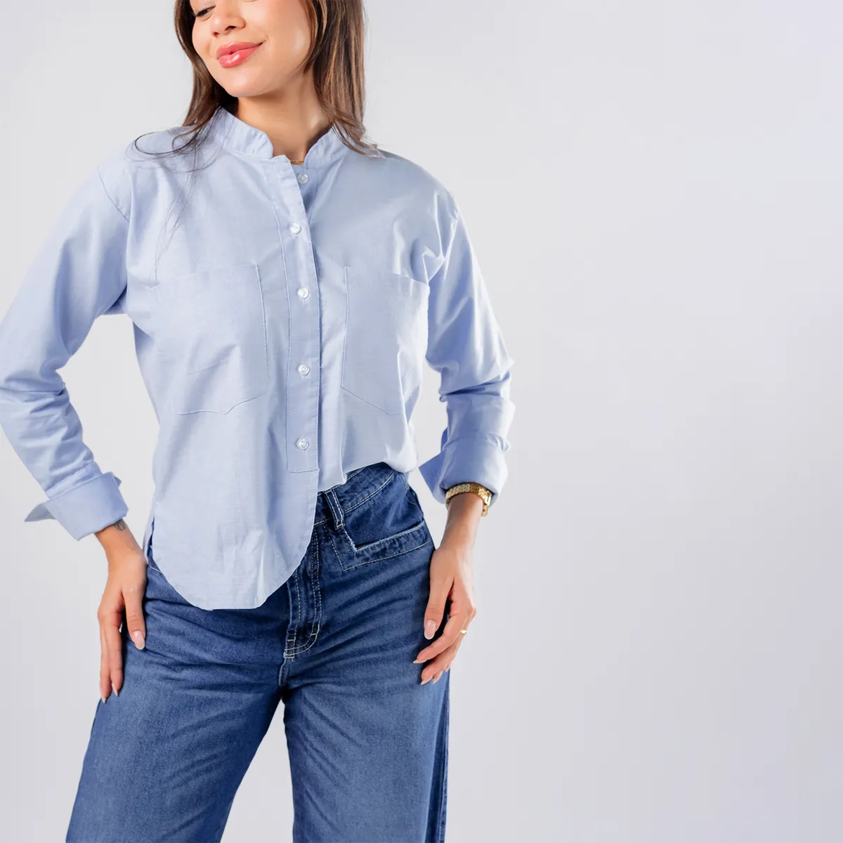 ROXJES JEANS - Blusa Manga Larga Oversize Cuello Chino Mujer